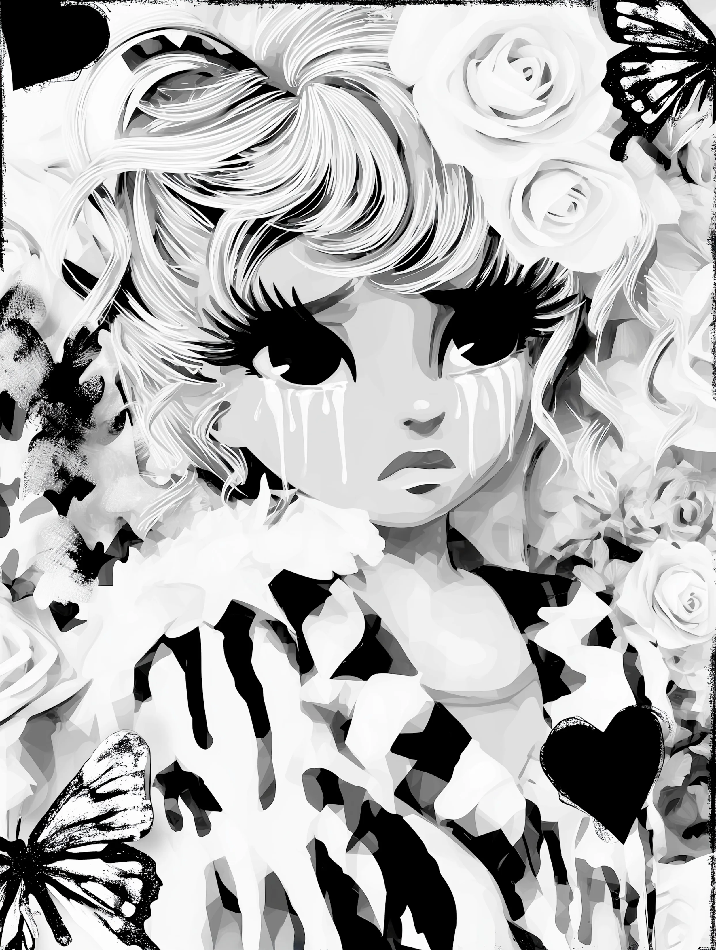 Free printable crying coloring page for adults featuring cute cartoon girl crying